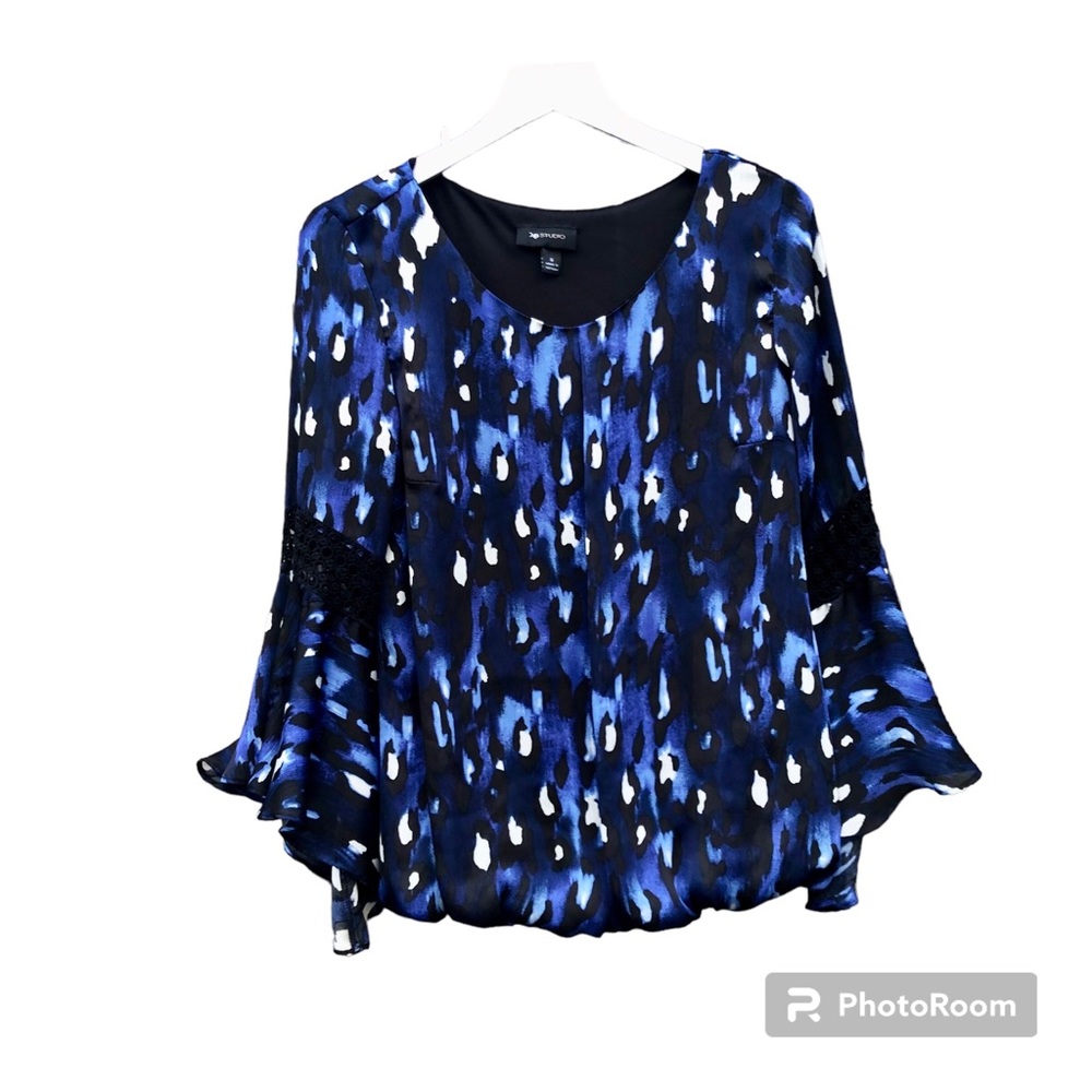 AB Studio Top Women’s Blue Black Crochet Accent Bell Sleeve Sz. Small